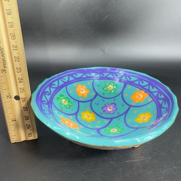 Hand Painted Mexican Pottery Footed Salsa Dish Trinket Dish Holder Vintage Decor - Picture 4 of 10